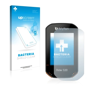 Front side of a product packaging with the brand logo upscreen. Next to it is the device Bryton Rider 320 shown with the corre