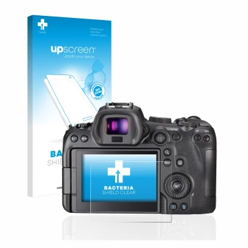 Front side of a product packaging with the brand logo upscreen. Next to it is the device Canon EOS R6 shown with the correspon