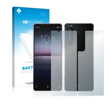 Front side of a product packaging with the brand logo upscreen. Next to it is the device Sony Xperia 1 II (Front+Back) shown w