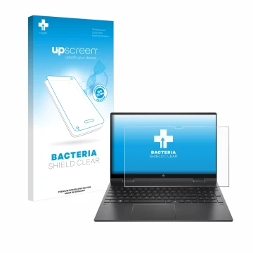 Front side of a product packaging with the brand logo upscreen. Next to it is the device HP Envy x360 (15-eX) (358 mm x 230 mm