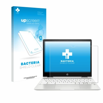 Front side of a product packaging with the brand logo upscreen. Next to it is the device HP Chromebook x360 12b-ca0005nf shown