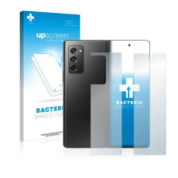 Front side of a product packaging with the brand logo upscreen. Next to it is the device Samsung Galaxy Z Fold 2 5G (Front+Bac