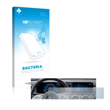Front side of a product packaging with the brand logo upscreen. Next to it is the device Mercedes-Benz GLA 2020 Display Widesc