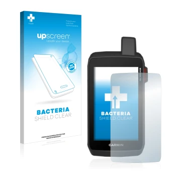 Front side of a product packaging with the brand logo upscreen. Next to it is the device Garmin Montana 750i shown with the co