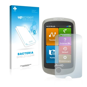 Front side of a product packaging with the brand logo upscreen. Next to it is the device Mitac Mio Cyclo Discover shown with t