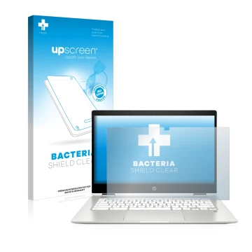 Front side of a product packaging with the brand logo upscreen. Next to it is the device HP Chromebook x360 (14b-caX) shown wi