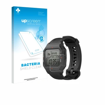 Front side of a product packaging with the brand logo upscreen. Next to it is the device Huami Amazfit Neo shown with the corr