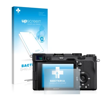 Front side of a product packaging with the brand logo upscreen. Next to it is the device Sony A7C shown with the corresponding