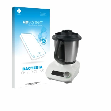 Front side of a product packaging with the brand logo upscreen. Next to it is the device Vorwerk Thermomix Friend shown with t