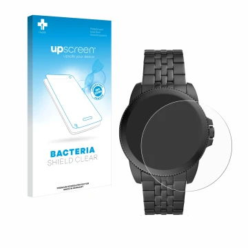 Front side of a product packaging with the brand logo upscreen. Next to it is the device Fossil Gen 5E shown with the correspo