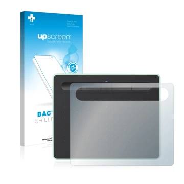 Front side of a product packaging with the brand logo upscreen. Next to it is the device Wacom Intuos S Bluetooth shown with t