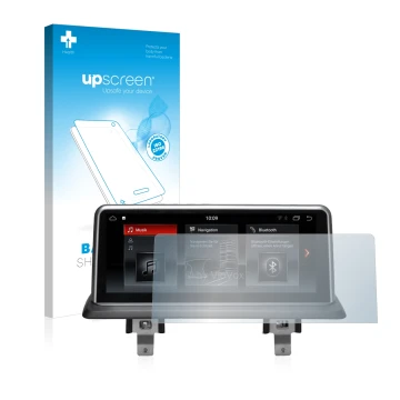 Front side of a product packaging with the brand logo upscreen. Next to it is the device BMW 1 E88 2004-2013 VioVox 8251 10.25