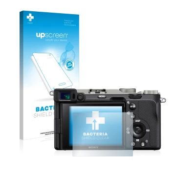 Front side of a product packaging with the brand logo upscreen. Next to it is the device Sony Alpha 7C shown with the correspo