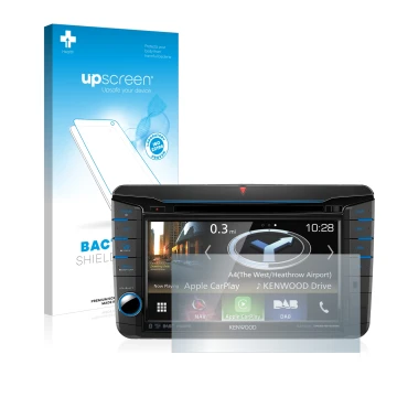 Front side of a product packaging with the brand logo upscreen. Next to it is the device Kenwood DNX518VDABS shown with the co