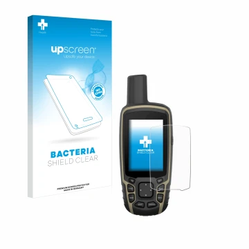 Front side of a product packaging with the brand logo upscreen. Next to it is the device Garmin GPSMAP 65 shown with the corre