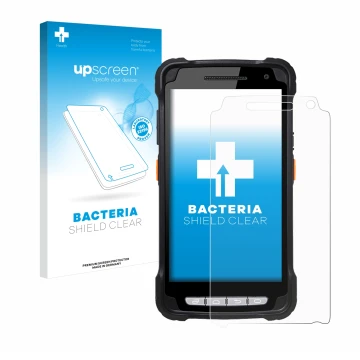 Front side of a product packaging with the brand logo upscreen. Next to it is the device Point Mobile PM90 shown with the corr