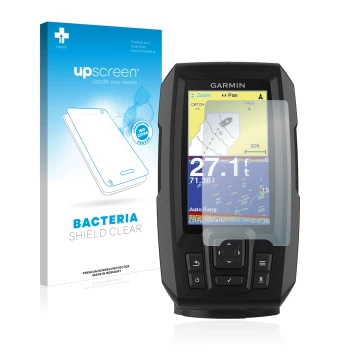 Front side of a product packaging with the brand logo upscreen. Next to it is the device Garmin Striker Vivid 4cv shown with t