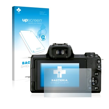 Front side of a product packaging with the brand logo upscreen. Next to it is the device Canon EOS M50 Mark II shown with the 