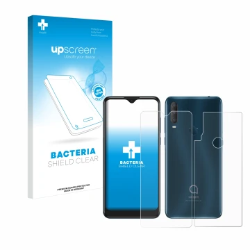 Front side of a product packaging with the brand logo upscreen. Next to it is the device Alcatel 1S 2020 (Front+Back) shown wi