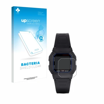 Front side of a product packaging with the brand logo upscreen. Next to it is the device Casio W-800H-1AVES shown with the cor