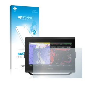 Front side of a product packaging with the brand logo upscreen. Next to it is the device Garmin GPSMAP 8412xsv shown with the 