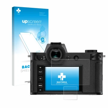 Front side of a product packaging with the brand logo upscreen. Next to it is the device Leica SL2-S shown with the correspond