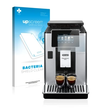 Front side of a product packaging with the brand logo upscreen. Next to it is the device DeLonghi PrimaDonna Soul ECAM610.55.S