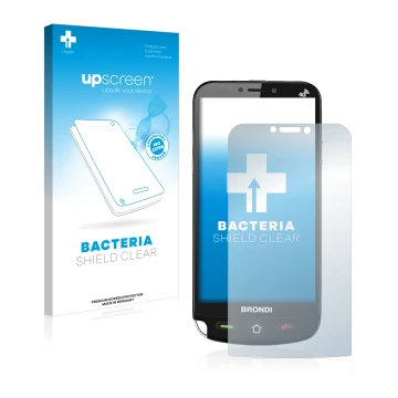 Front side of a product packaging with the brand logo upscreen. Next to it is the device Brondi Amico Dual Sim shown with the 
