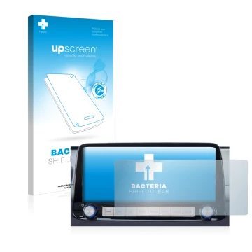 Front side of a product packaging with the brand logo upscreen. Next to it is the device Hyundai Kona 2020 Infotainment System