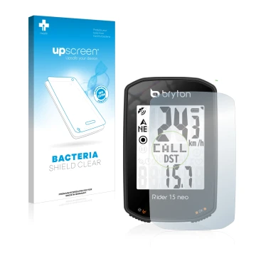Front side of a product packaging with the brand logo upscreen. Next to it is the device Bryton Rider 15 neo shown with the co