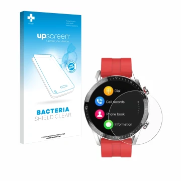 Front side of a product packaging with the brand logo upscreen. Next to it is the device Gentleman Smartwatch shown with the c