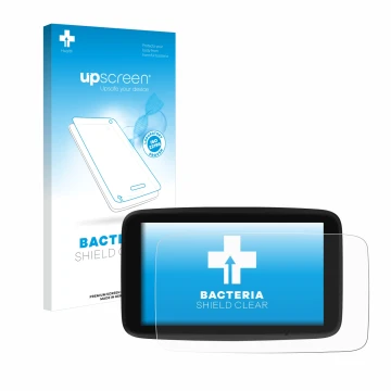 Front side of a product packaging with the brand logo upscreen. Next to it is the device TomTom GO Discover 7