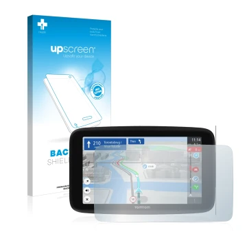 Front side of a product packaging with the brand logo upscreen. Next to it is the device TomTom GO Discover 6