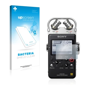 Front side of a product packaging with the brand logo upscreen. Next to it is the device Sony PCM D100 shown with the correspo