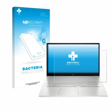 Front side of a product packaging with the brand logo upscreen. Next to it is the device HP Envy 17-cX shown with the correspo