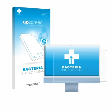 Front side of a product packaging with the brand logo upscreen. Next to it is the device Apple iMac 24