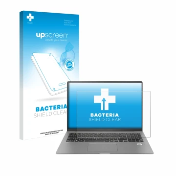 Front side of a product packaging with the brand logo upscreen. Next to it is the device LG gram 17'' 2021 shown with the corr