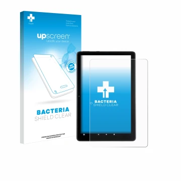 Front side of a product packaging with the brand logo upscreen. Next to it is the device Amazon Fire HD 10 2021 (11th Gen.) sh