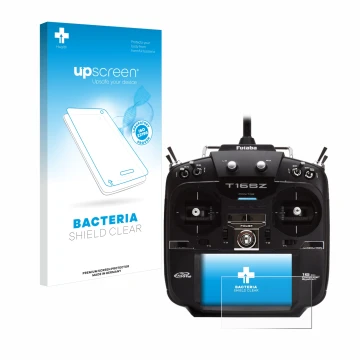 Front side of a product packaging with the brand logo upscreen. Next to it is the device Robbe Futaba T16IZ shown with the cor