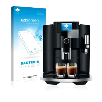 Front side of a product packaging with the brand logo upscreen. Next to it is the device Jura E8 (EB) shown with the correspon