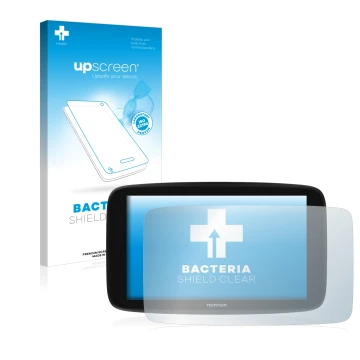Front side of a product packaging with the brand logo upscreen. Next to it is the device TomTom Go Expert 6