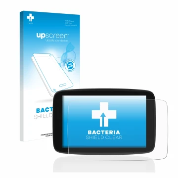 Front side of a product packaging with the brand logo upscreen. Next to it is the device TomTom Go Expert 7