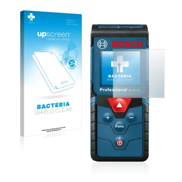 Front side of a product packaging with the brand logo upscreen. Next to it is the device Bosch GLM 40 Professional shown with 