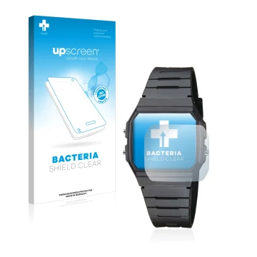 Front side of a product packaging with the brand logo upscreen. Next to it is the device Casio Collection Unisex F-91W shown w