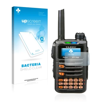 Front side of a product packaging with the brand logo upscreen. Next to it is the device Yaesu FT-70DR shown with the correspo