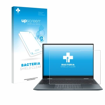 Front side of a product packaging with the brand logo upscreen. Next to it is the device ASUS ZenBook 14 Flip OLED shown with 