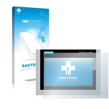 Front side of a product packaging with the brand logo upscreen. Next to it is the device Siemens Simatic HMI TP700 Comfort sho