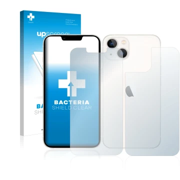 Front side of a product packaging with the brand logo upscreen. Next to it is the device Apple iPhone 13 (Front+Back) shown wi