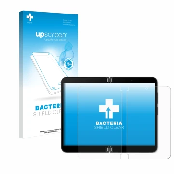 Front side of a product packaging with the brand logo upscreen. Next to it is the device Microsoft Surface Duo 2 (Inner displa