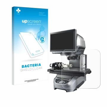 Front side of a product packaging with the brand logo upscreen. Next to it is the device Keyence IM-8020 Glass plate shown wit